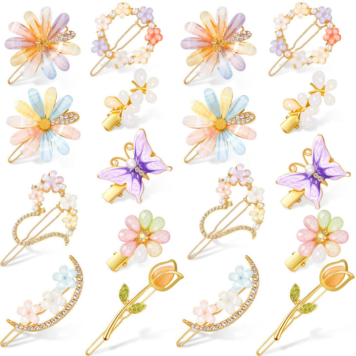 18 Pcs Rhinestone Butterfly Hair Clips Decorative Bobby Pins Crystal Flower Handmade Metal Barrettes for Women Gold Prom