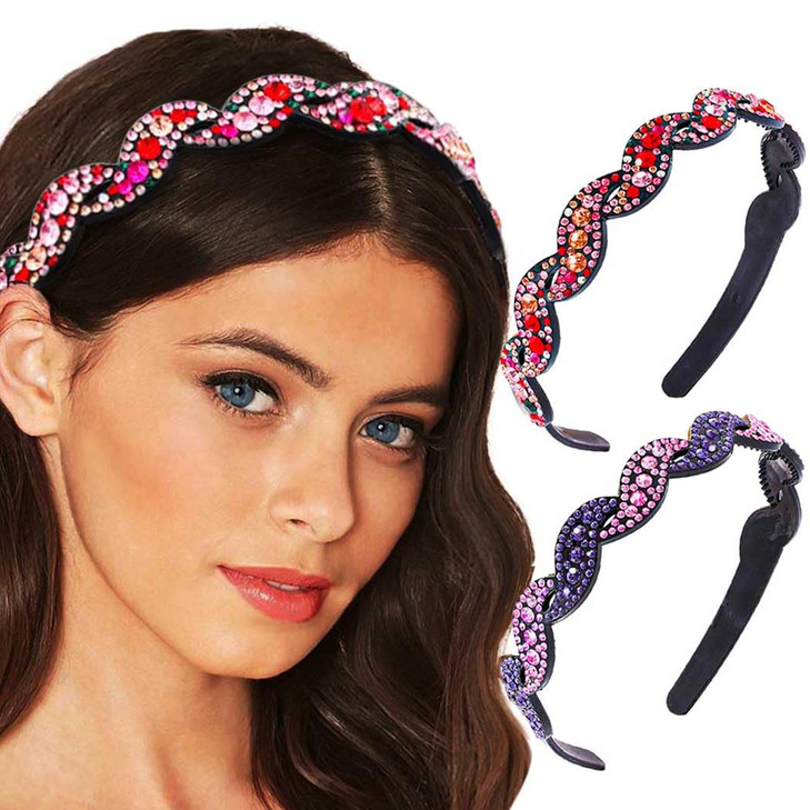 Bouory Sparkly Rhinestone Headbands Colorful Crystal Hairband Thin Head Bands with Teeth No Ship Hairhoop for Women 2PCS