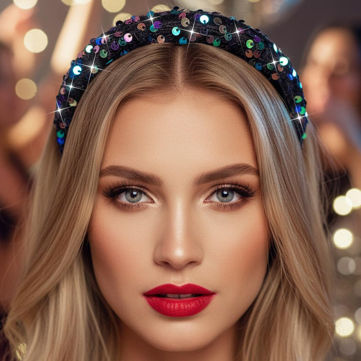 CASDRE Sparkly Sequin Headband Black Wide Fashion Head Bands Party Hair Hoop Accessories for Women
