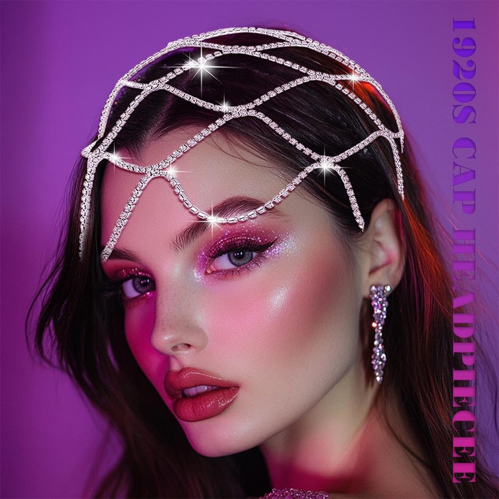 Fdesigner 1920s Rhinestone Head Chain Jewelry Flapper Cap Headpieces Costume Hair Accessories for Women