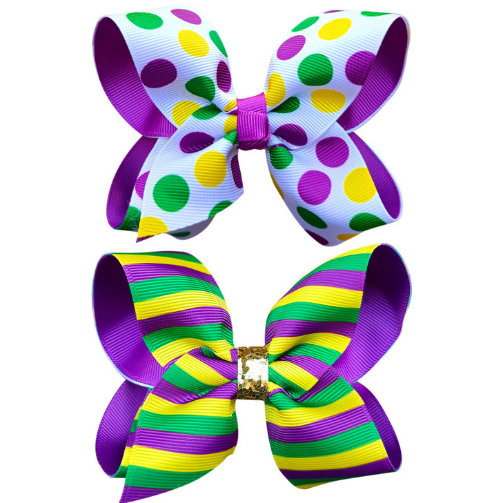 Mardi Gras Hair Bow Gift Girls 5 Purple Gold Green Boutique Ribbon Polkadots Cheer Bow Clip for Women Fat Tuesday Circus