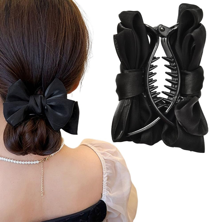 Black Hair Accessories Silky Satin Banana Hair Clips Ponytail Holders Claw Clips Bun Decorations with Large Bow Knot Bar