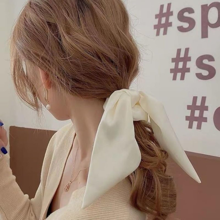 Silky Satin Hair Scarf Scrunchies with Ribbon Tails Elastic Ponytail Holders for Women and Girls in Black White Beige fo