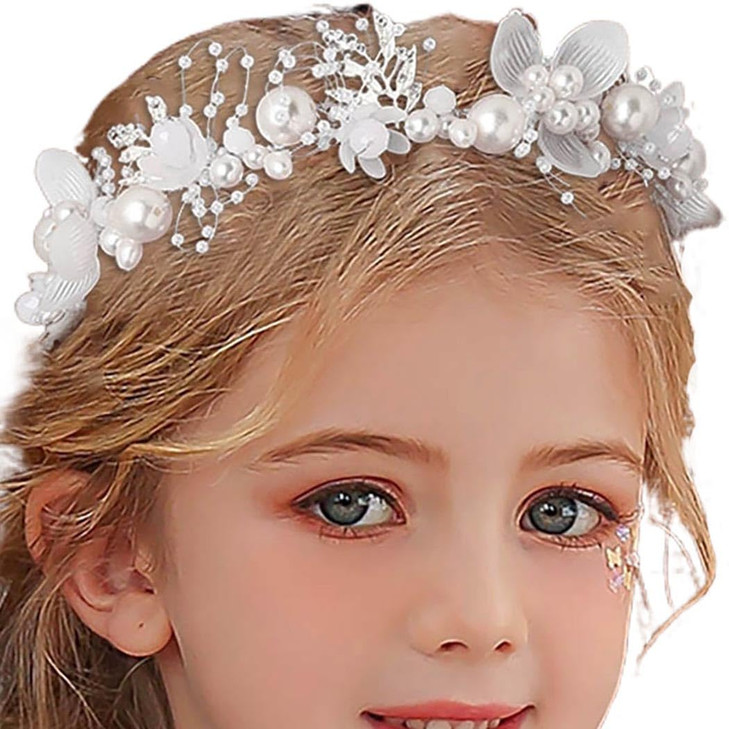 Campsis Flower Girl Headpiece Silver Princess Wedding Headband Girls Flower Pearl Hair Accessories for Birthday Party Ph