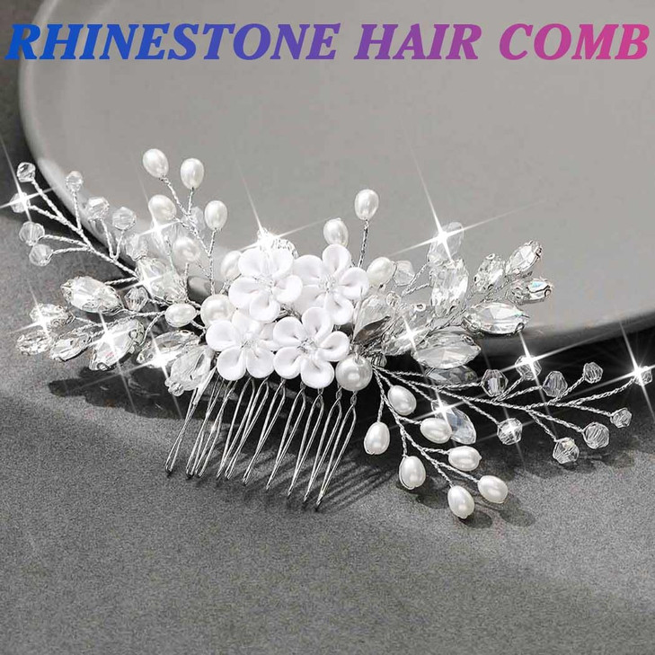 Unsutuo Flower Wedding Hair Combs Bridal Rhinestone Headpiece Silver Pearl Hair Accessories for Women and Girls