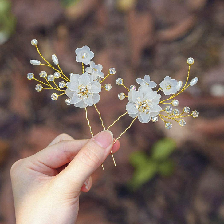 Evild Wedding Bride Flower Hair Pins Gold Bridal Hair Pieces Pearls Hair Accessories for Women Pack of 2