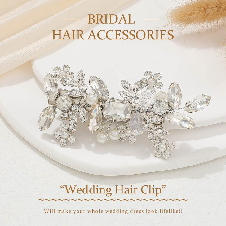 JONKY Rhinestone Hair Clip Silver Flower Barrettes Headpiece Bridal Hair Accessories for Women