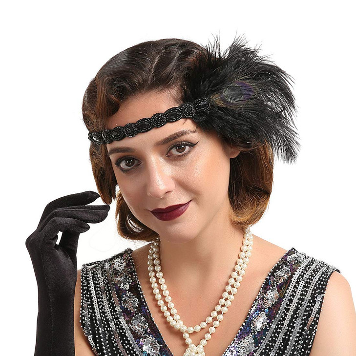 Bubbmi 1920s Flapper Headband Peacock Feather Headpiece Great Gatsby Headband Costume Accessories for Women Showgirl Par