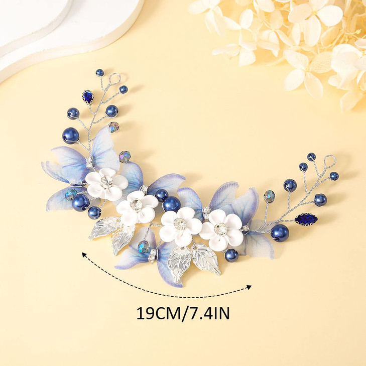 Unicra Butterfly Bride Wedding Hair Vine Blue Pearl Bridal Hair Piece Silver Rhinestone Headband for Women and Girls