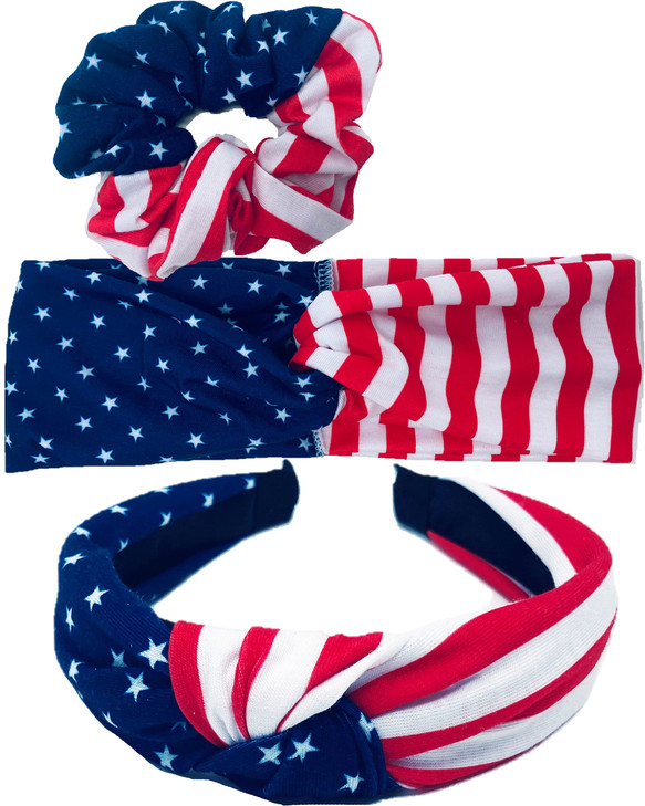 Shimmer Anna Shine Red White Blue Patriotic Hair Accessory Set American Flag Twist Headband Hairband Scrunchie for Women