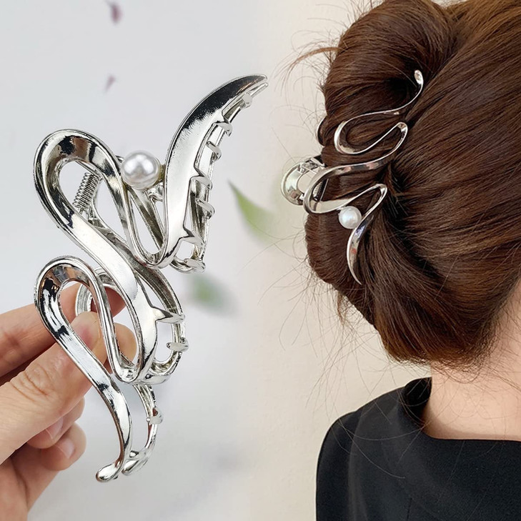 Metal Snake Claw Hair Clips NonSlip Serpentine Barrettes with Pearls for Thick Hair Silvery Fashion Hair Accessories for