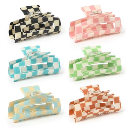Paderison Checkered Multicolored Rectangle Y2K Hair Barrettes and Claw Clips 6 Pcs Strong Hold Hair Accessories for Thin