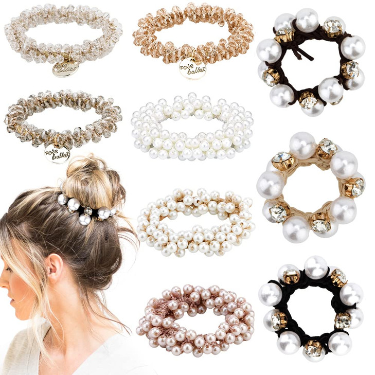 Ahoney 9Pcs Pearl Hair Ties Elastic Hair Scrunchies Hold Crystal Beads Bulk Hair Ropes Stretchy Handmade Boho Bride Bach