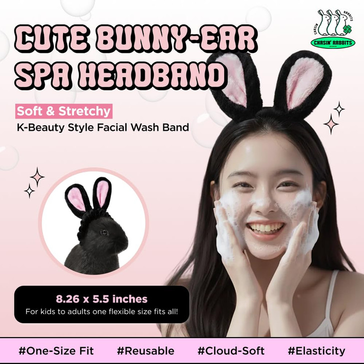 CHASIN RABBITS Spa Hair Styling Headband Black Rabbit Skincare Makeup Accessory for Face Washing 826 x 55