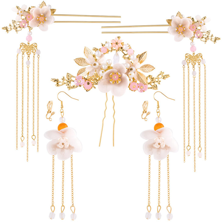HINZIC 5Pcs Flowers Tassel Hair Pins Set Crystal Rhinestone Pearl Hair Stick Chinese Hanfu Traditional Wedding Classical