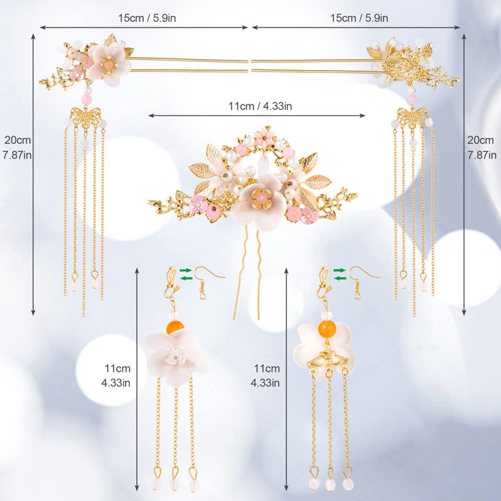 HINZIC 5Pcs Flowers Tassel Hair Pins Set Crystal Rhinestone Pearl Hair Stick Chinese Hanfu Traditional Wedding Classical