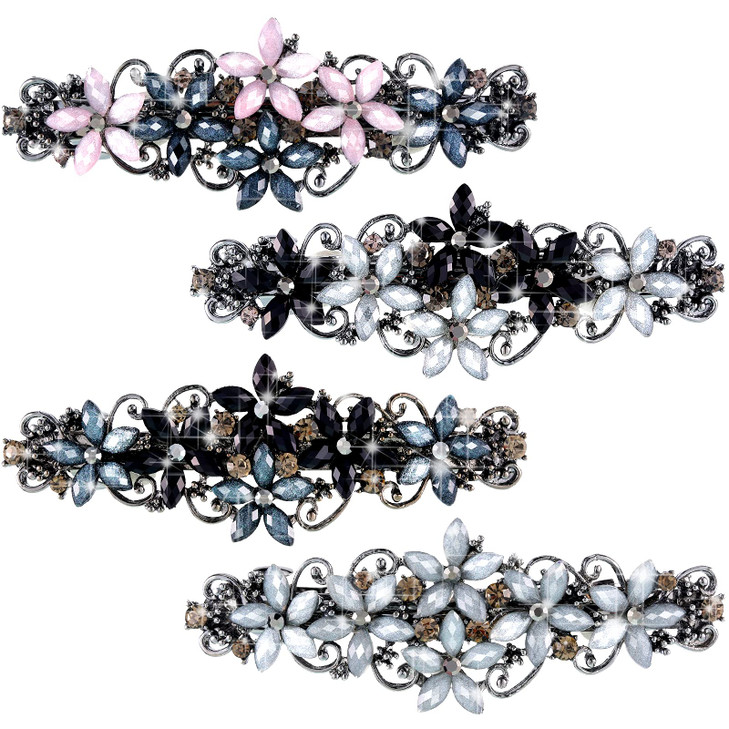 Janinka 4 Pcs Flower Barrettes for Women Ladies Rhinestones Hair Accessories Crystal Barrette Spring French Ponytail Hai