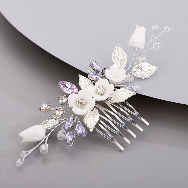 Chargances Wedding Purple Rhinestone Hair Comb Bridal White Flower Leaf Hair Side Comb Silver Crystal Handmade Headpiece