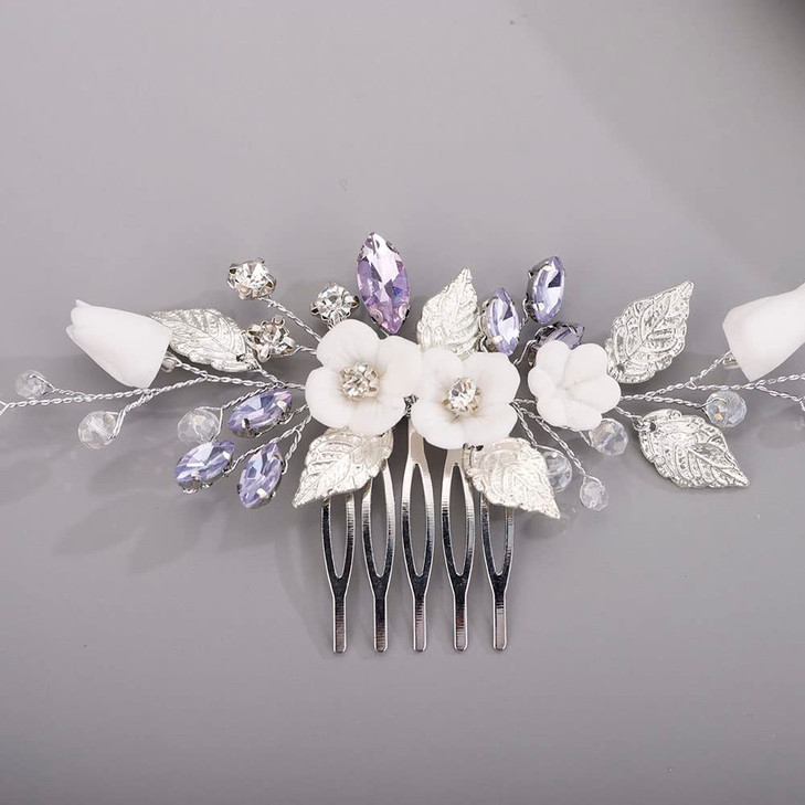 Chargances Wedding Purple Rhinestone Hair Comb Bridal White Flower Leaf Hair Side Comb Silver Crystal Handmade Headpiece
