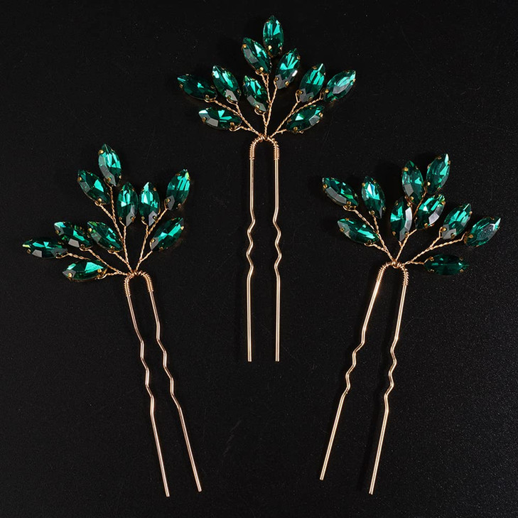 Chargances 3pcs Crystal Wedding Hair Pins Malachite Green Rhinestone Bridal Hair Pins Handmade Bridal Hair Accessories f