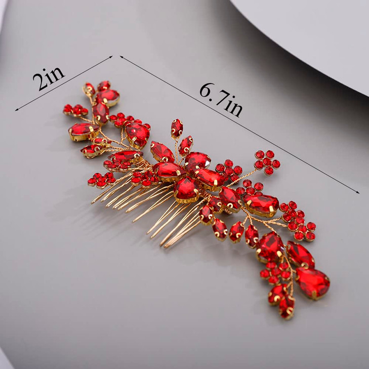 Chargances Handmade Crystal Gemstone Hair Comb with Red Rhinestone Headpiece Bridal Hair Accessory for Weddings Proms Fl