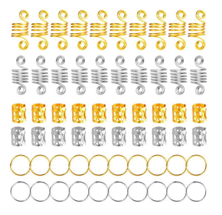 60PCS Assorted Silver Metal Hair Accessories Beads Cuffs Rings Clips for Hair Braiding Dreadlocks and Extensions