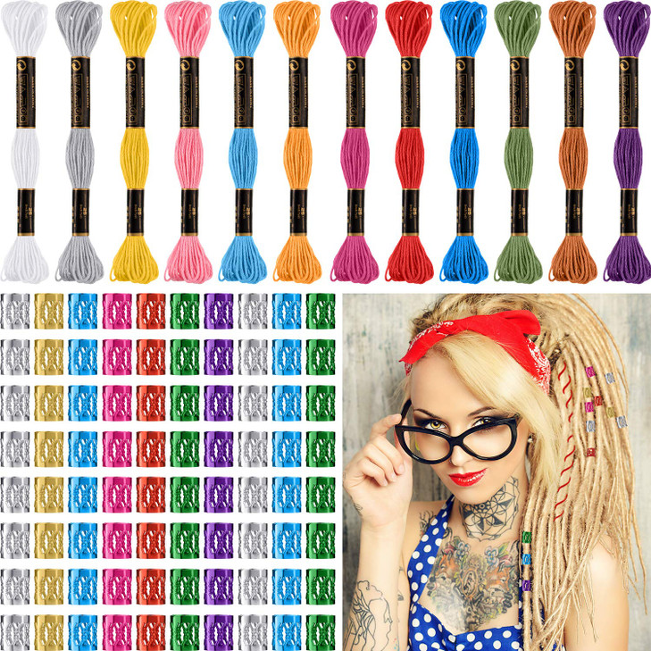 Willbond 162 Pieces Hair Accessory Set 12 Braiding Strings and 150 Metal Cuffs in Colorful Designs Hair Wrap String Kits