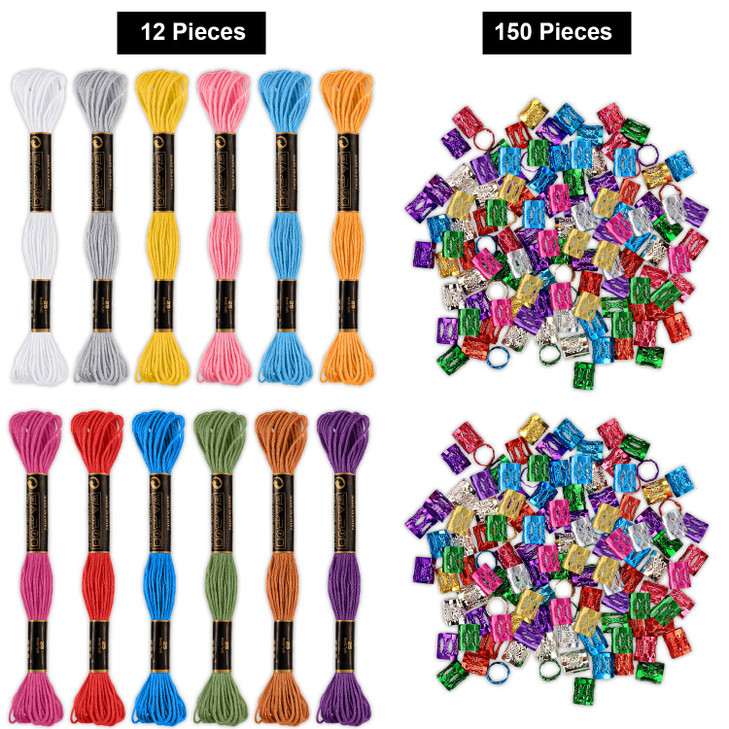 Willbond 162 Pieces Hair Accessory Set 12 Braiding Strings and 150 Metal Cuffs in Colorful Designs Hair Wrap String Kits