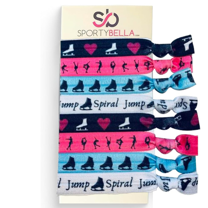 Sportybella Figure Skating Hair Accessories PinkBlue for Girls No Crease Ponytail Holders With Ice Skating Design 8pcs