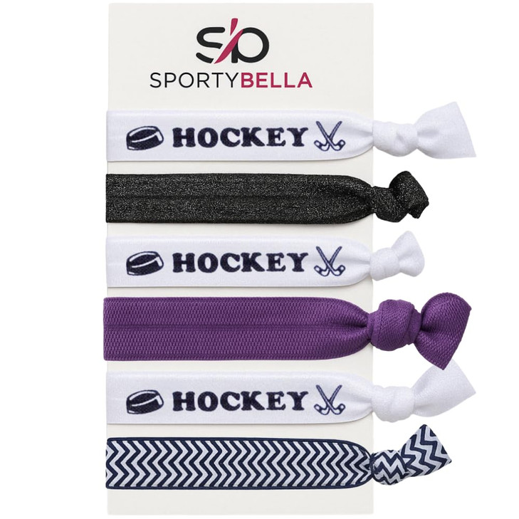 Hockey Hair Ties Set 6pc NoCrease Elastic Ponytail Holders for Girls Players and Fans Purple Black Accessories for Pract