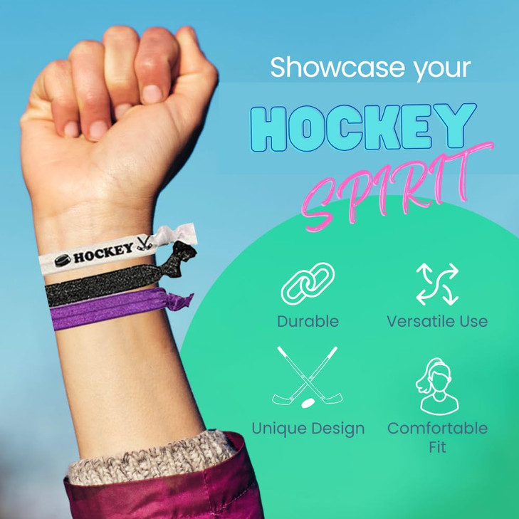 Hockey Hair Ties Set 6pc NoCrease Elastic Ponytail Holders for Girls Players and Fans Purple Black Accessories for Pract