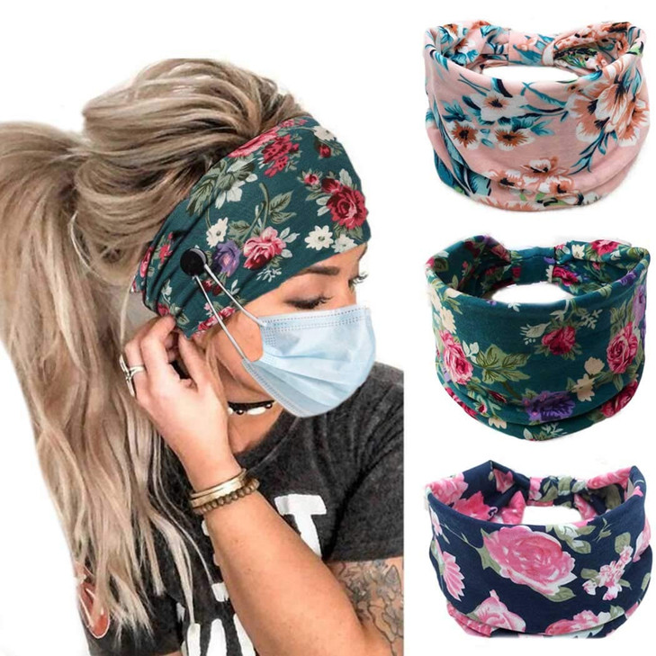 Bohend Boho Button Headbands with Mask Buttons Wide Stretchy Knotted Headwear for Women Girls 3 Pack Soft Cotton Hair Ac