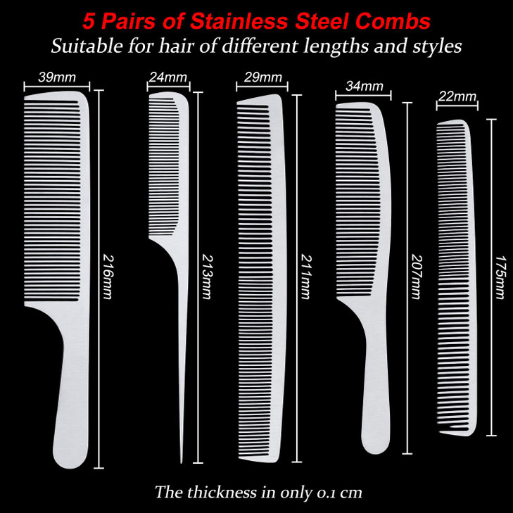 Boao 5 Type Metal Barber Combs Set Stainless Steel Rat Tail Combs Double Tooth Fine Wide Tooth Large Small Handle Hairdr