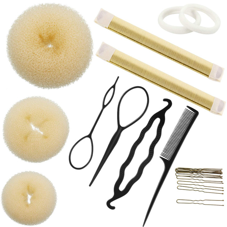 WILLBOND Hair Bun Shaper Set 3 Pcs Hair Donut 2 Pcs Bun Marker 4 Pieces Ponytail Tool 10 Pieces Bobby Pins and 2 Elastic