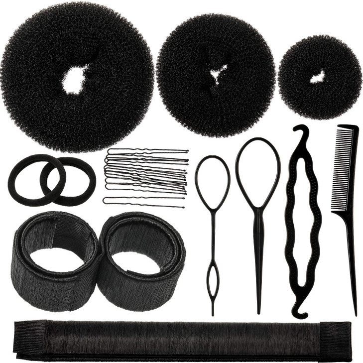 WILLBOND Hair Bun Shaper Set 3 Pcs Hair Donut 2 Pcs Bun Marker 4 Pieces Ponytail Tool 10 Pieces Bobby Pins and 2 Elastic
