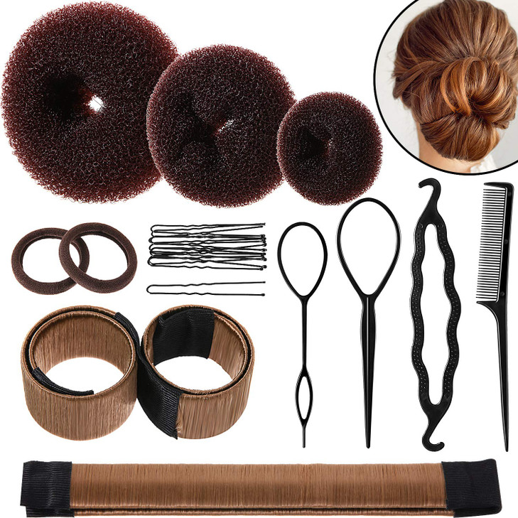 WILLBOND Hair Bun Shaper Set 3 Pcs Hair Donut 2 Pcs Bun Marker 4 Pieces Ponytail Tool 10 Pieces Bobby Pins and 2 Elastic