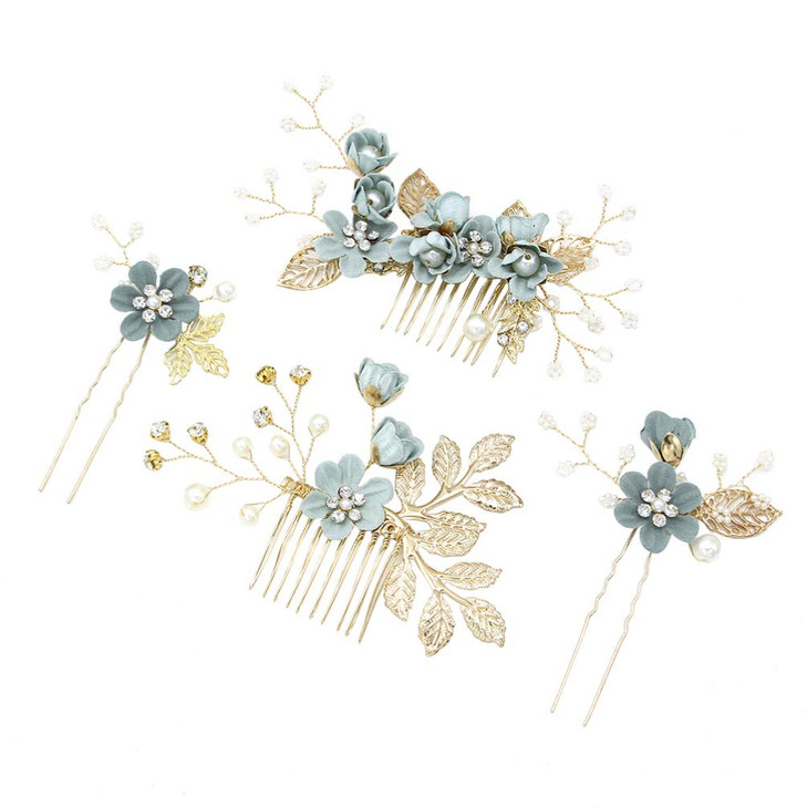 NUOBESTY 4Piece Sage Green Wedding Hair Comb Set Bridal Hair Accessories with Pearl Floral Leaf Design for Women Special