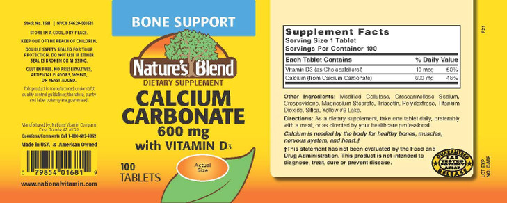 Nature's Blend Calcium Carbonate 600 mg with D3 400 IU 100 Tablets,(Pack of 1), 079854016819 online at globaldelivered