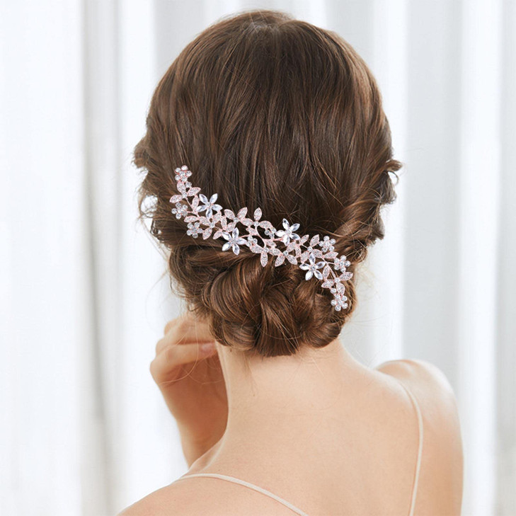 Allereyae Crystal Wedding Hair Comb Barrette Rhinestone Flower Hair Barrette Comb Gold CZ Bling Bridal Headpieces Decora