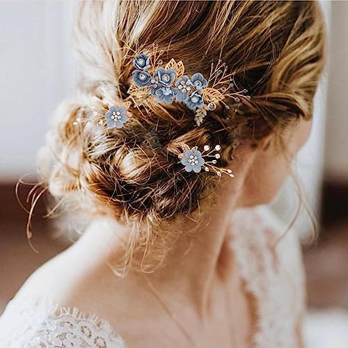 Foyte Crystal Leaf Wedding Hair Comb and Hair Pins Blue Flower Headpiece Rhinestone Gold Hair Piece Bride Pearl Hair Acc