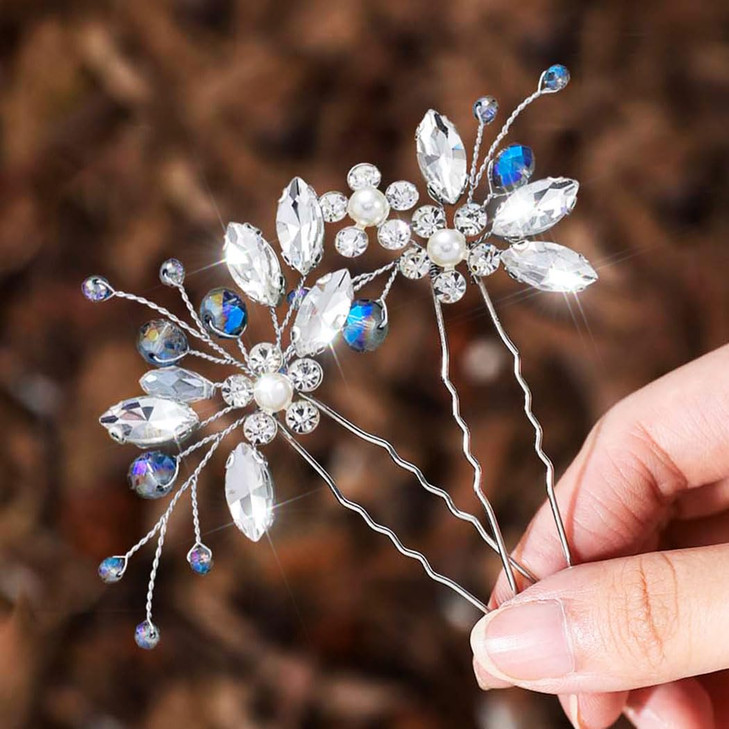 Jeairts Rhinestone Wedding Hair Pins Silver Glitter Flower Bridal Hair Pieces Blue Crystal Hair Accessories for Brides