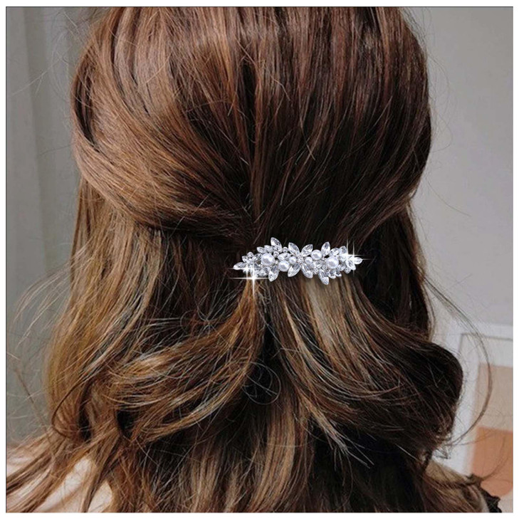 Iaceble Rhinestone Pearl and Crystal Hair Barrette Vintage Silver Bridal Hair Accessory for Women and Girls Wedding Head