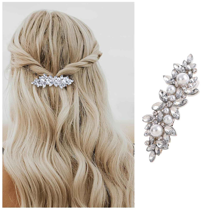 Iaceble Rhinestone Pearl and Crystal Hair Barrette Vintage Silver Bridal Hair Accessory for Women and Girls Wedding Head