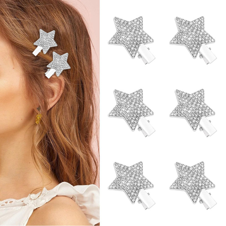 Wecoe 6pcs Silver Star Hair Clips Rhinestone Alligator Hair Clips for Women Hair Securing Hairdressing Y2k Short Hair Ac