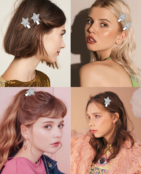 Wecoe 6pcs Silver Star Hair Clips Rhinestone Alligator Hair Clips for Women Hair Securing Hairdressing Y2k Short Hair Ac
