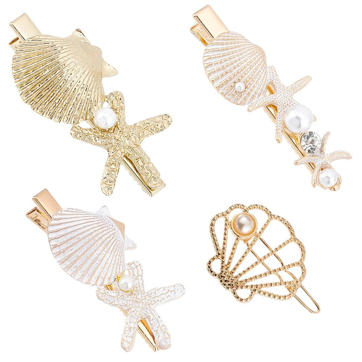 PH PandaHall 4 Styles Starfish Shell Hair Clip Beach Alligator Hair Clips Starfish Barrettes Dainty Sea Theme Clips for