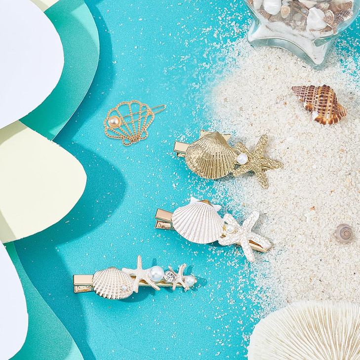 PH PandaHall 4 Styles Starfish Shell Hair Clip Beach Alligator Hair Clips Starfish Barrettes Dainty Sea Theme Clips for