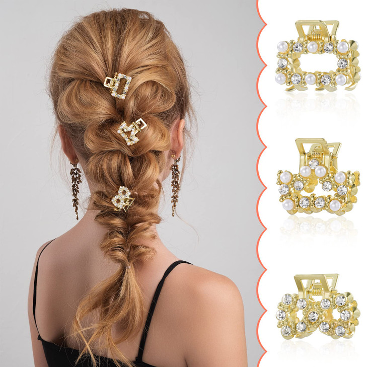 8 PCS Mini Pearl Hair Clips PAGOW Gold Rhinestone Pearl Metal Claw Clips Bangs Styling Claw Clips Faux Pearls Crystal Sp