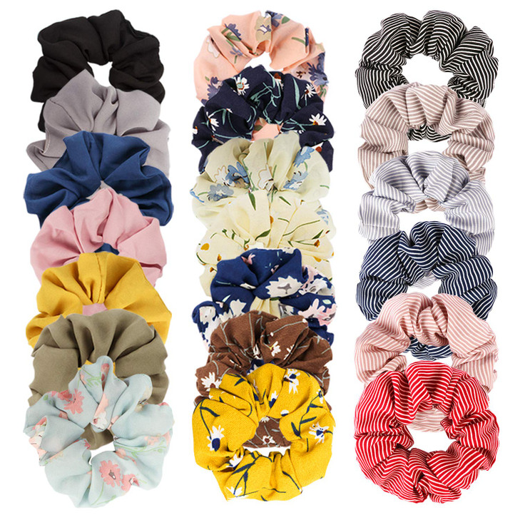 Velscrun 20 Pcs Floral Plaid Solid Color Scrunchies Scrunchies for Girls Women with Chiffon Hair Scrunchies for Womens H