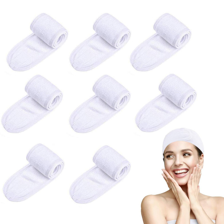 Tatibana White Elastic Terry Cloth Spa Headband 8 Pack Facial Head Wrap band Washable Makeup Headband with Magic Tape